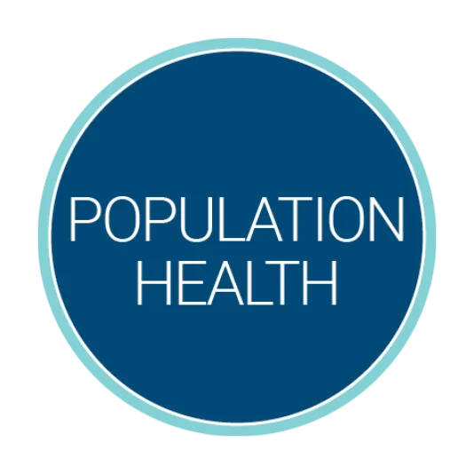 Circular blue logo with a light teal border containing the white title “Population Health” centered inside.