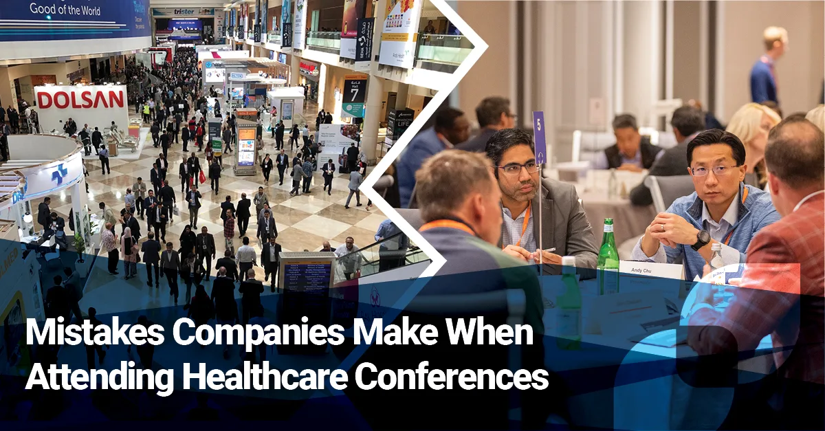 A split-screen view of a busy healthcare trade show hall and a focused executive roundtable discussion, illustrating common corporate event environments.
