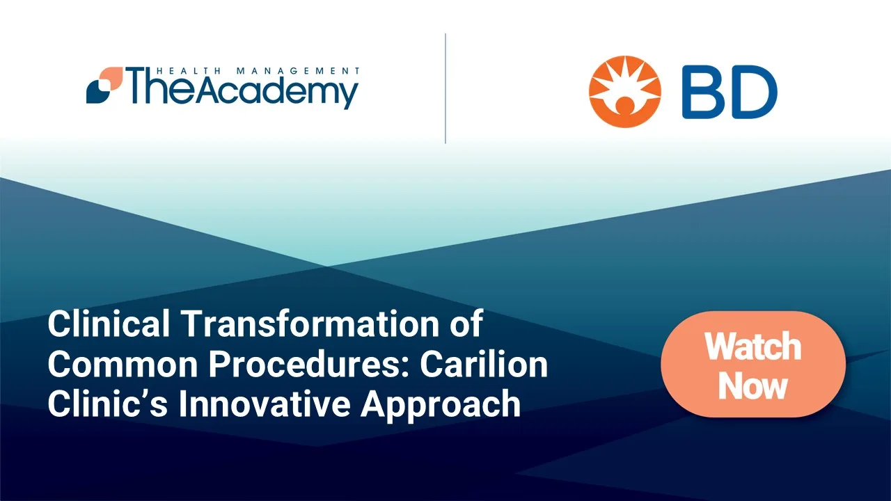 Web banner promoting a video titled “Clinical Transformation of Common Procedures: Carilion Clinic’s Innovative Approach.” The image features logos for The Health Management Academy and BD, with a prominent “Watch Now” button on a gradient blue background.

