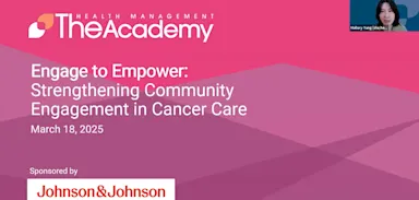 Event slide from The Health Management Academy titled “Engage to Empower: Strengthening Community Engagement in Cancer Care,” dated March 18, 2025. The background features layered shades of pink and purple. A speaker thumbnail appears in the top right corner. The event is sponsored by Johnson & Johnson, whose logo is displayed prominently at the bottom left.