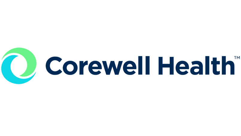 Corewell Health health system logo with a circular teal and green gradient icon followed by bold navy-blue text.