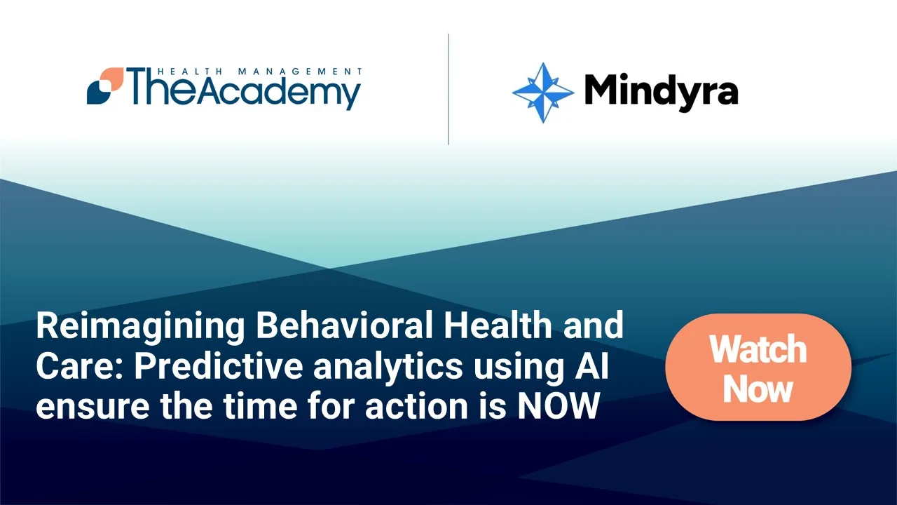 Promotional graphic featuring The Academy and Mindyra logos, with the title “Reimagining Behavioral Health and Care: Predictive analytics using AI ensure the time for action is NOW.” A rounded orange button on the right reads “Watch Now,” set against a blue geometric background.