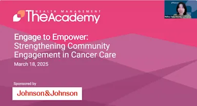 Pink branded slide from The Health Management Academy titled “Engage to Empower: Strengthening Community Engagement in Cancer Care,” dated March 18, 2025, and sponsored by Johnson & Johnson, featuring a speaker video thumbnail in the corner.
