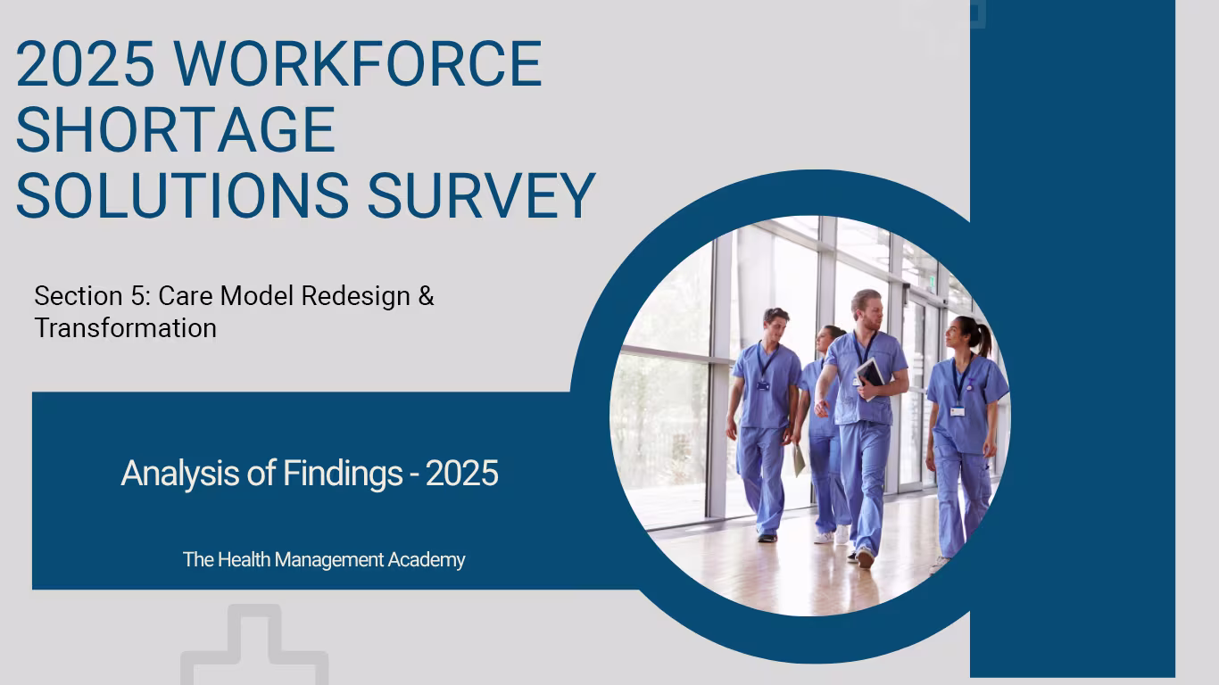 Cover image for 2025 Workforce Shortage Solutions Survey by The Health Management Academy, featuring healthcare professionals walking in a hospital corridor.