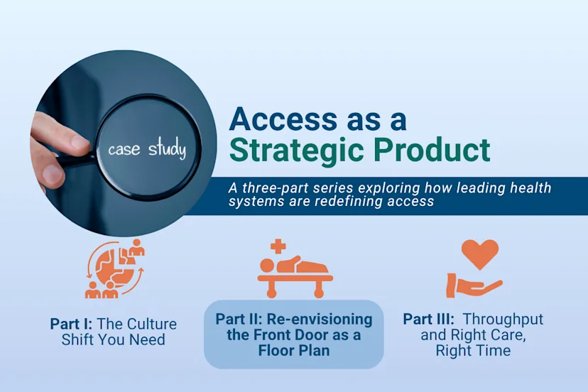 Graphic titled “Access as a Strategic Product,” promoting a three-part case study series on how leading health systems are redefining access. Includes a magnifying glass highlighting the words “case study” and three labeled parts: Part I – The Culture Shift You Need, Part II – Re-envisioning the Front Door as a Floor Plan, and Part III – Throughput and Right Care, Right Time.