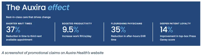 Promotional claims on Auxira's website, including 37% shorter wait times and 9.5% boosted productivity.