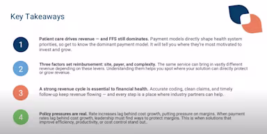 Slide titled Key Takeaways highlighting four insights on provider payments. 1. Patient care drives revenue – and fee-for-service (FFS) still dominates, shaping health system priorities. 2. Three factors set reimbursement: site, payer, and complexity, with major variation across these levers. 3. A strong revenue cycle is essential to financial health, requiring accurate coding, clean claims, and timely follow-up. 4. Policy pressures are real, as rate increases lag behind cost growth, forcing leaders to find solutions that protect margins through efficiency, productivity, or cost control.