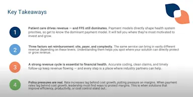 Slide titled Key Takeaways highlighting four insights on provider payments. 1. Patient care drives revenue – and fee-for-service (FFS) still dominates, shaping health system priorities. 2. Three factors set reimbursement: site, payer, and complexity, with major variation across these levers. 3. A strong revenue cycle is essential to financial health, requiring accurate coding, clean claims, and timely follow-up. 4. Policy pressures are real, as rate increases lag behind cost growth, forcing leaders to find solutions that protect margins through efficiency, productivity, or cost control.