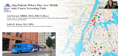 Presentation slide titled “Meeting Patients Where They Are: Mobile Prostate Cancer Screening Units” by Mount Sinai Hospital. It features Ash Tewari and Safia R. Khan, who oversee prostate cancer initiatives. The left side includes a photo of a blue mobile screening van parked in an urban area. The right side displays a New York City map filled with multicolored dots indicating various mobile unit deployment locations across boroughs. A speaker's video feed is visible in the top right corner.