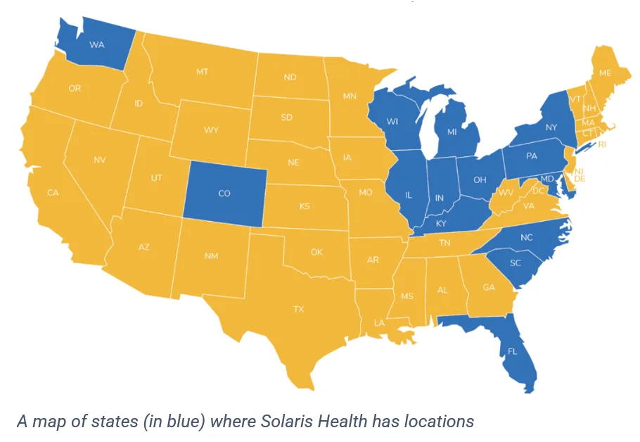 A map of the 14 states where Solaris has locations: Washington, Colorado, Wisconsin, Illinois, Michigan, Indiana, Ohio, Kentucky, New York, Pennsylvania, Maryland, North Carolina, South Carolina, and Florida