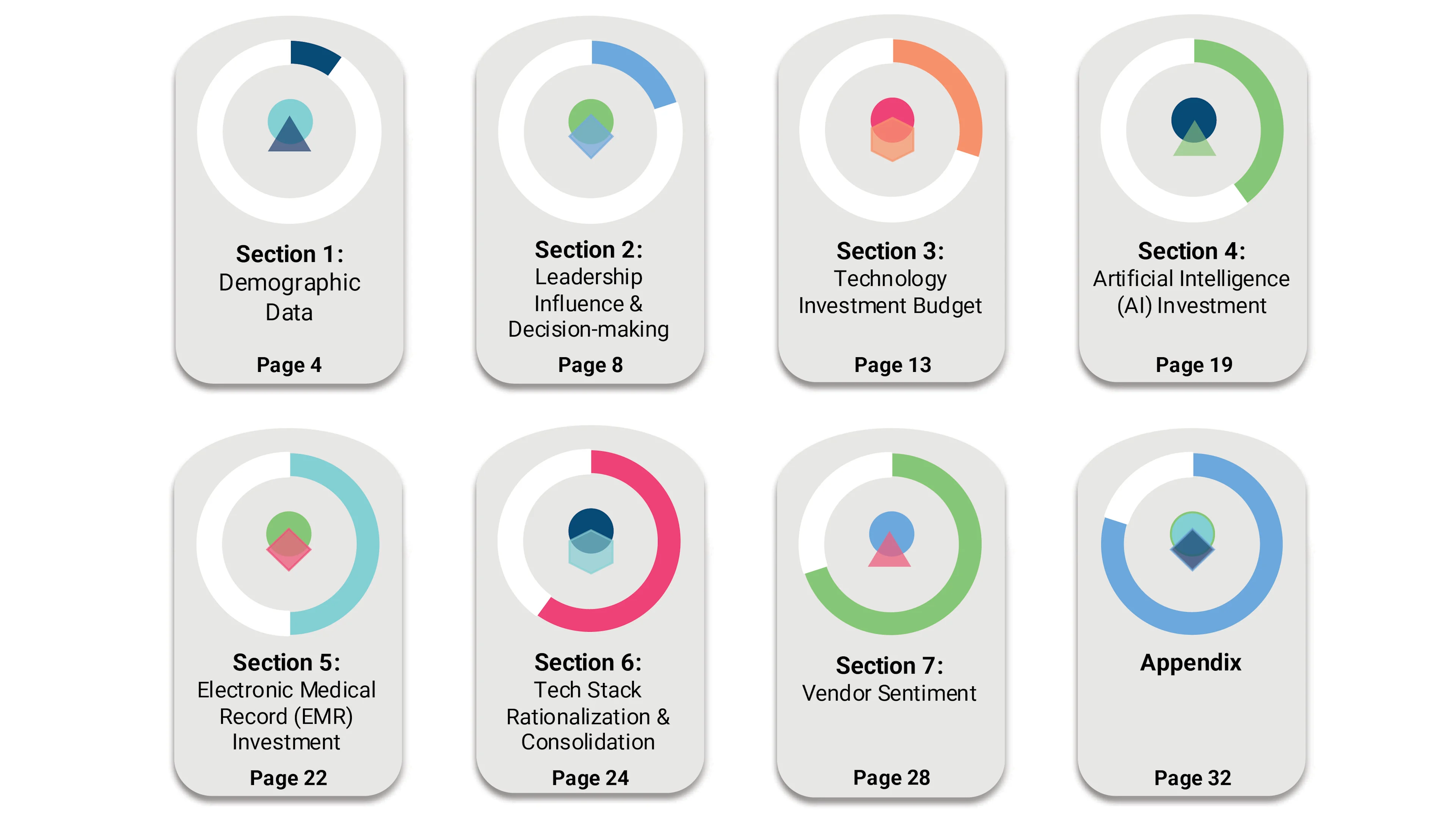 Visual table of contents for a healthcare IT investment report, showing eight sections: 1) Demographic Data (Page 4), 2) Leadership Influence & Decision-making (Page 8), 3) Technology Investment Budget (Page 13), 4) Artificial Intelligence (AI) Investment (Page 19), 5) Electronic Medical Record (EMR) Investment (Page 22), 6) Tech Stack Rationalization & Consolidation (Page 24), 7) Vendor Sentiment (Page 28), and Appendix (Page 32). Each section is represented by a stylized circular icon with a unique color scheme.








