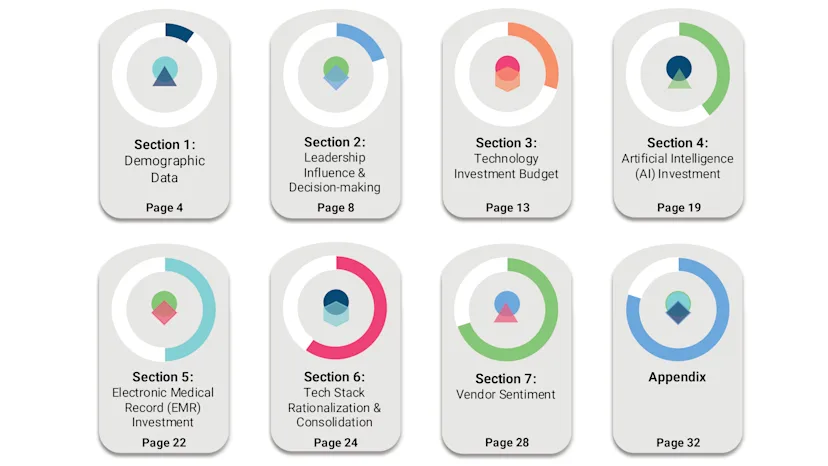 Visual table of contents for a healthcare IT investment report, showing eight sections: 1) Demographic Data (Page 4), 2) Leadership Influence & Decision-making (Page 8), 3) Technology Investment Budget (Page 13), 4) Artificial Intelligence (AI) Investment (Page 19), 5) Electronic Medical Record (EMR) Investment (Page 22), 6) Tech Stack Rationalization & Consolidation (Page 24), 7) Vendor Sentiment (Page 28), and Appendix (Page 32). Each section is represented by a stylized circular icon with a unique color scheme.








