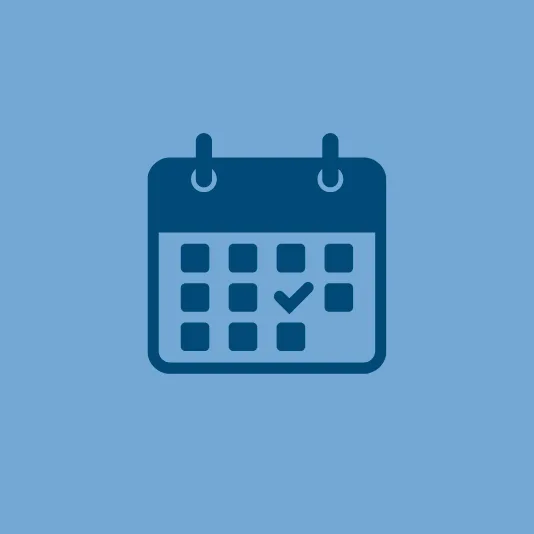 Dark blue calendar icon with a checkmark on one of the dates, displayed on a light blue background.