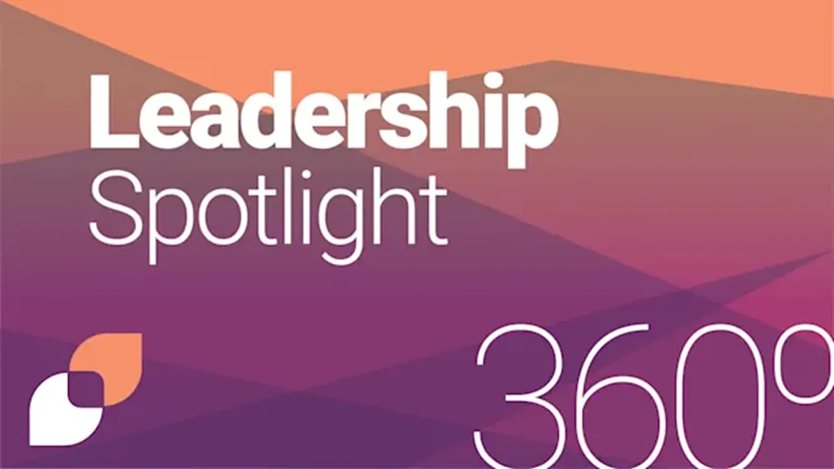 Graphic with a gradient background in orange and purple tones displaying the text “Leadership Spotlight 360°” with The Health Management Academy logo in the bottom left corner.
