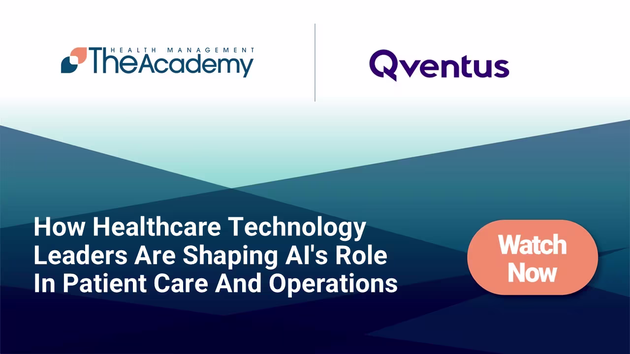 Webinar thumbnail featuring The Health Management Academy and Qventus, titled ‘How Healthcare Technology Leaders Are Shaping AI's Role in Patient Care and Operations,’ with a call-to-action button that says ‘Watch Now.’