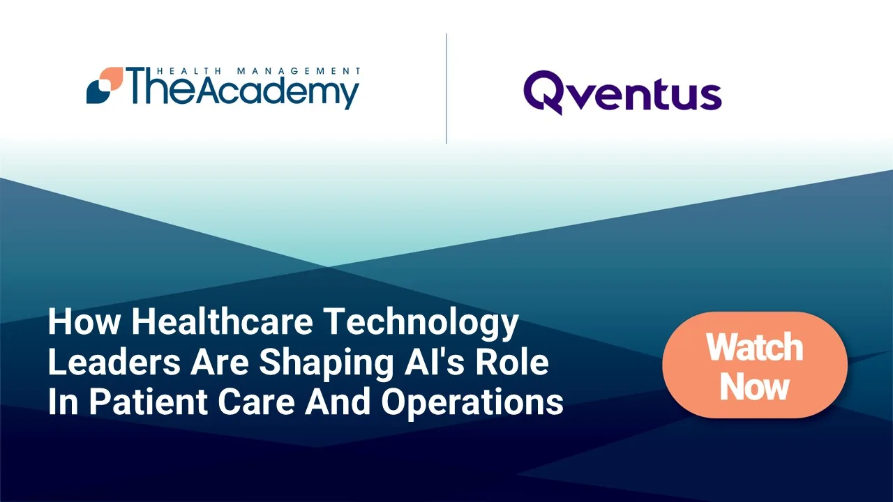 Webinar thumbnail featuring The Health Management Academy and Qventus, titled ‘How Healthcare Technology Leaders Are Shaping AI's Role in Patient Care and Operations,’ with a call-to-action button that says ‘Watch Now.’