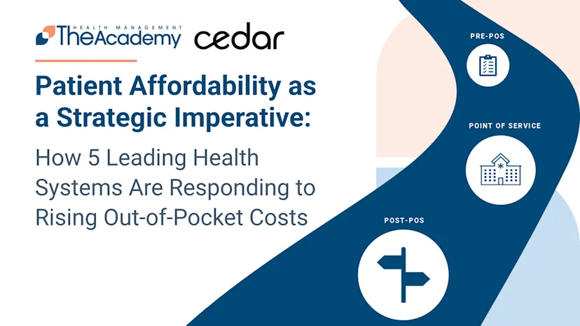 Patient affordability presentation cover with pre-POS, point of service, and post-POS icons