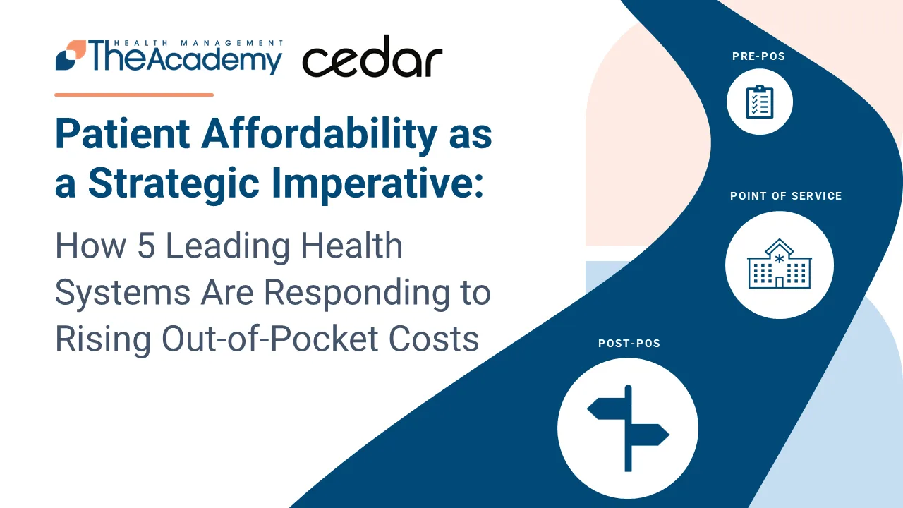 Patient affordability presentation cover with pre-POS, point of service, and post-POS icons