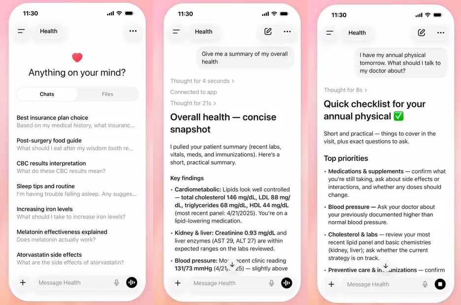 Three promotional screenshots showing ChatGPT Health interacting with patient medical records and offering advice about 