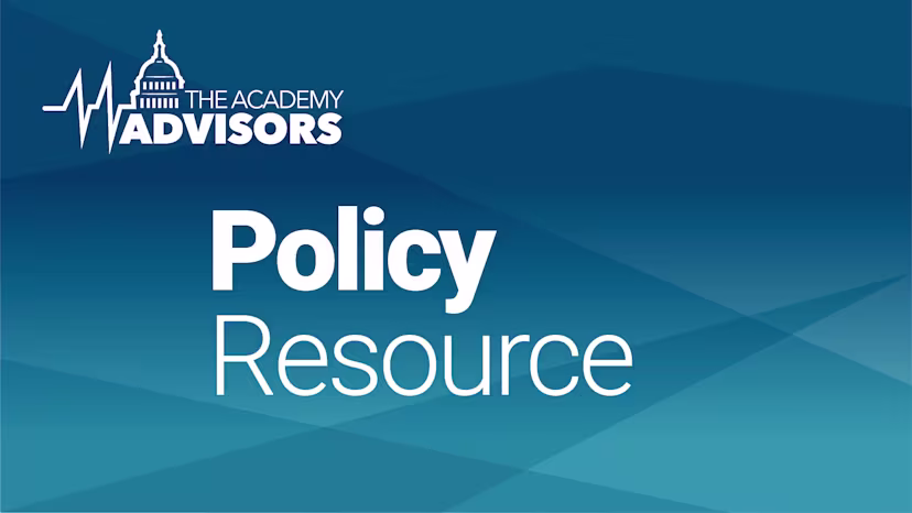 Graphic titled “Policy Resource” featuring The Academy Advisors logo with a stylized capitol dome and heartbeat line, set against a dark-to-light blue geometric gradient background.