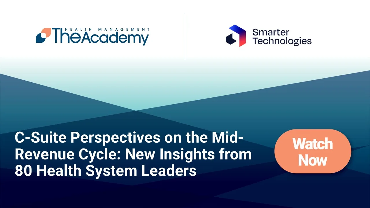 Promotional graphic featuring The Academy and Smarter Technologies logos above the title “C-Suite Perspectives on the Mid-Revenue Cycle: New Insights from 80 Health System Leaders” on a blue geometric background, with an orange “Watch Now” button.