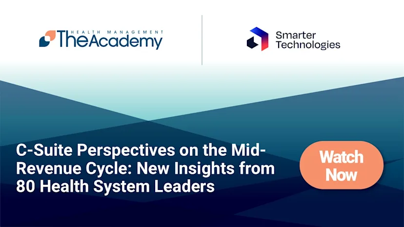 Promotional graphic featuring The Academy and Smarter Technologies logos above the title “C-Suite Perspectives on the Mid-Revenue Cycle: New Insights from 80 Health System Leaders” on a blue geometric background, with an orange “Watch Now” button.
