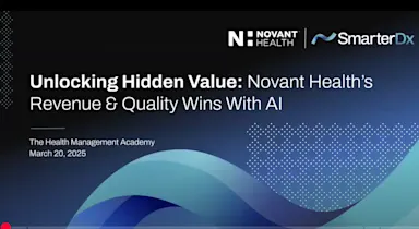 Title slide for a presentation titled "Unlocking Hidden Value: Novant Health’s Revenue & Quality Wins With AI," co-branded by Novant Health and SmarterDx. The event was hosted by The Health Management Academy on March 20, 2025. The design features dark and gradient blue waves and hexagonal dot patterns.








