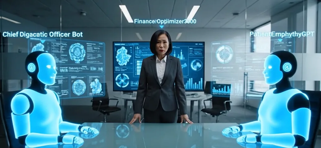 A business professional stands in a futuristic conference room with digital screens displaying data behind her. She is flanked by two glowing holographic robots labeled “Chief Diagnostic Officer Bot” and “PatientEmpathyGPT,” while another display references “FinanceOptimizer3000.”