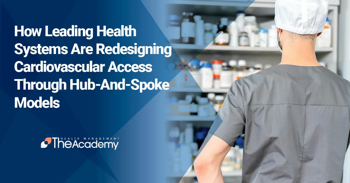 Healthcare provider in scrubs standing in a clinical setting, representing cardiovascular care access through hub-and-spoke models by Health Management The Academy.
