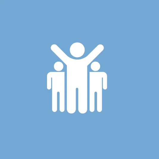 White icon of three people standing together, with the center figure raising their arms, displayed on a light blue background.