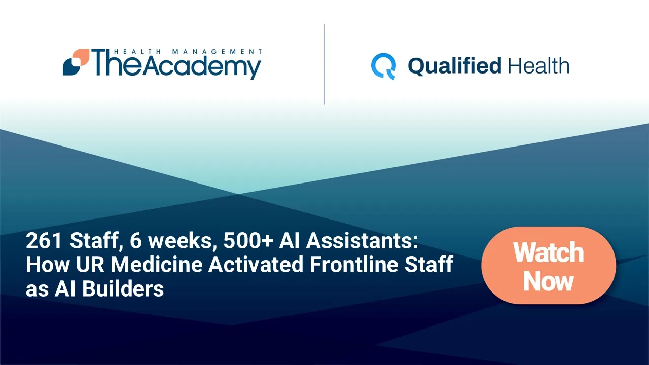 The Health Management Academy and Qualified Health logos with text about UR Medicine AI training.