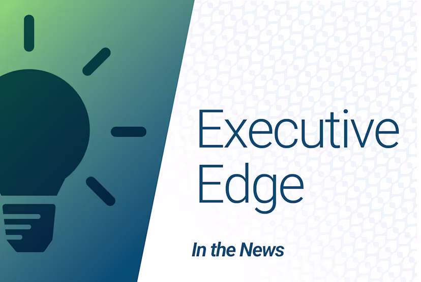 Graphic featuring a lightbulb icon and the text “Executive Edge” against a blue and white patterned background, representing a branded content series.

