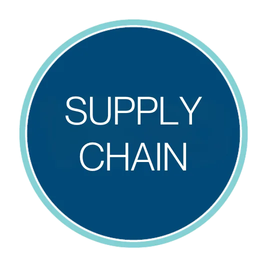 Circular blue logo with a light teal border containing the white title “Supply Chain” centered inside.