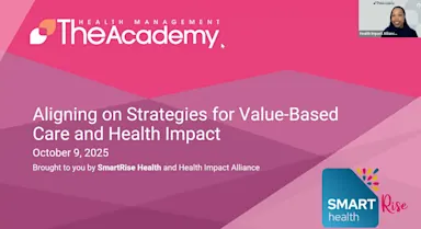 Welcome slide to that features the title of the Webinar: Aligning on Strategies for Value-Based Care in white letters with multi-tone background of pinks and purples. The opening speaker Jess Evora is displayed in a speaker box on the top right. The Health Management Academy logo and SmartRise Health logo are also included. 