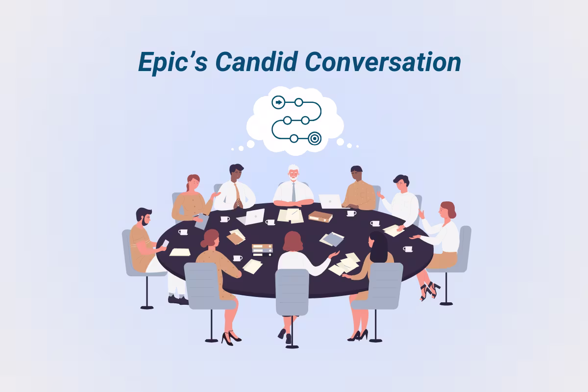Illustration titled “Epic’s Candid Conversation,” showing a diverse group of professionals seated around a large round table engaged in discussion. Papers, laptops, and coffee cups are spread across the table, with a thought bubble above them containing connected nodes, symbolizing shared ideas and collaboration.