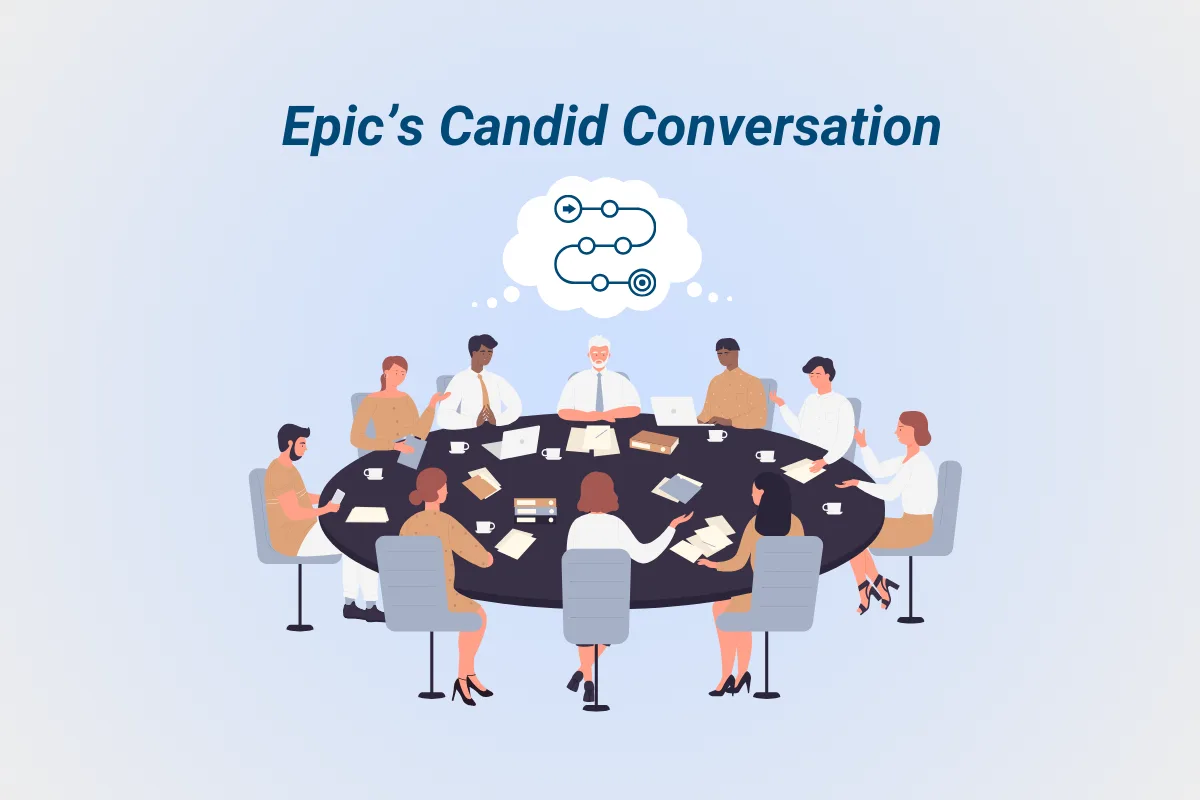 Illustration titled “Epic’s Candid Conversation,” showing a diverse group of professionals seated around a large round table engaged in discussion. Papers, laptops, and coffee cups are spread across the table, with a thought bubble above them containing connected nodes, symbolizing shared ideas and collaboration.