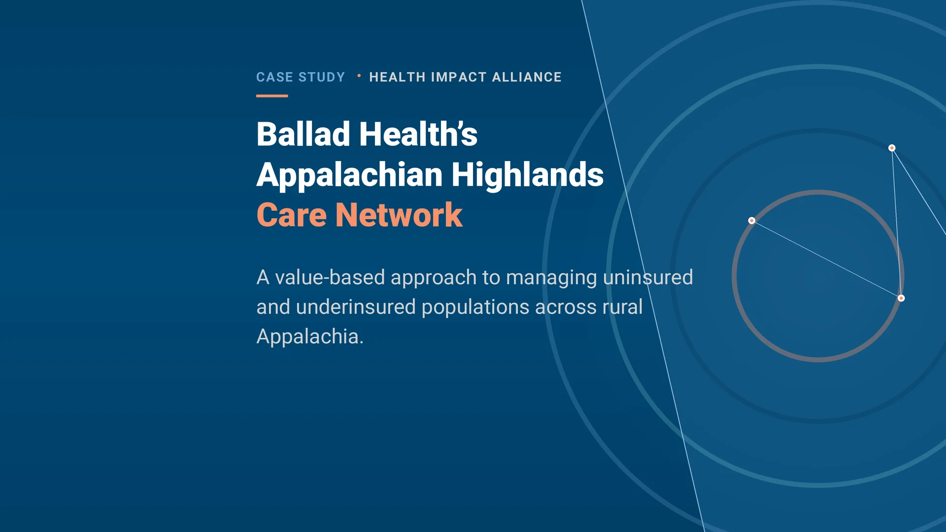 Graphic for the Health Impact Alliance featuring a bold white and orange title over a gradient background of blue and orange geometric shapes with subtext describing the event.
