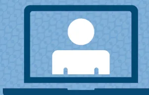 Graphic of a laptop screen displaying a simplified white figure representing a person, symbolizing a virtual meeting or webinar. The background features a light blue geometric pattern.