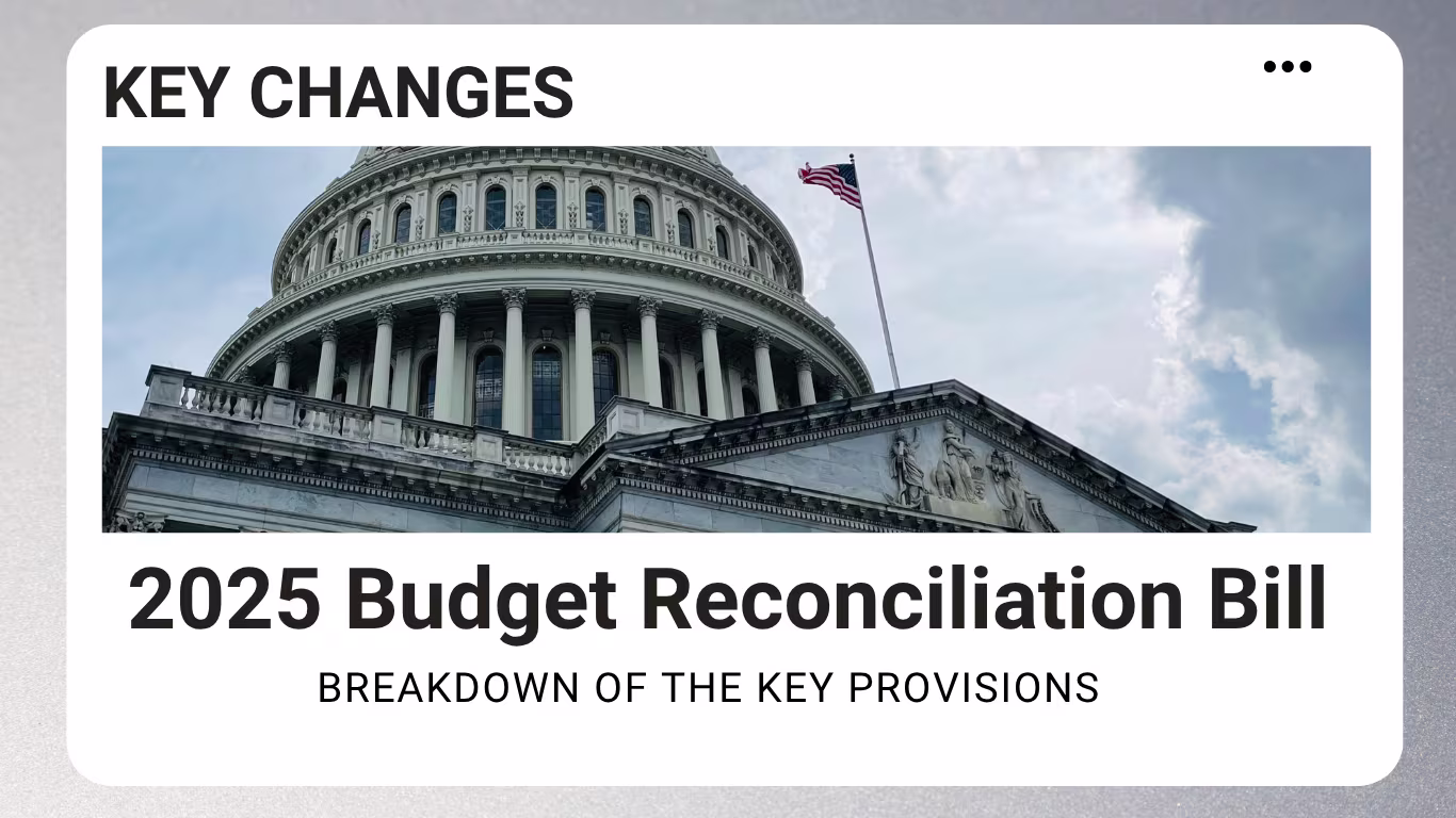 Black-and-white image of the U.S. Capitol dome above the text “The 2025 Budget Reconciliation Bill” with a subheading that reads “Breakdown of the Key Provisions,” styled like a digital news card.

