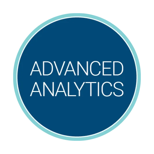 Circular blue logo with a light teal border containing the white title “Advanced Analytics” centered inside.