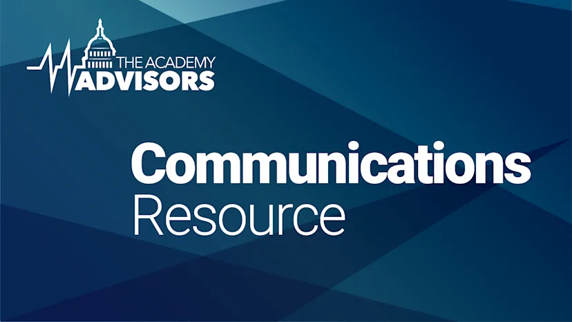 Graphic titled “Communications Resource” featuring The Academy Advisors logo with a capitol dome and heartbeat line icon, set against a dark blue geometric gradient background.