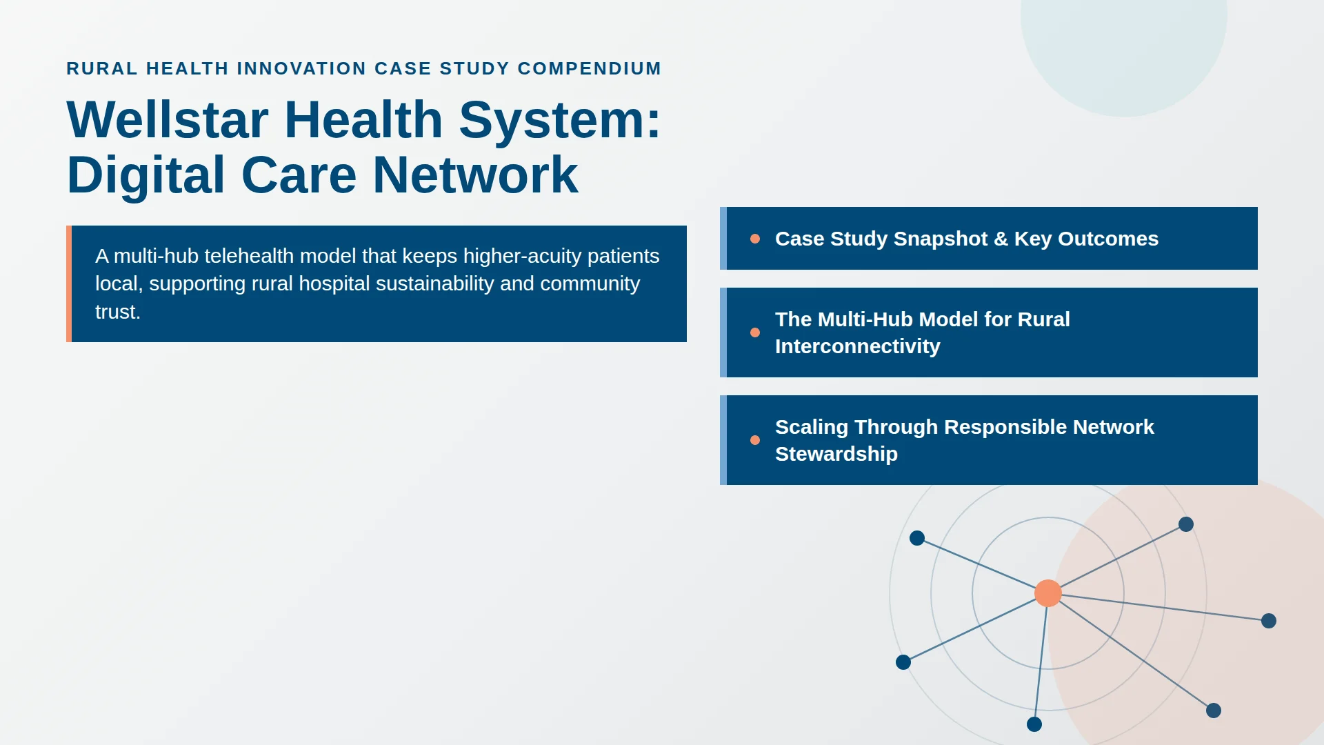 Wellstar Health hero image cover slide on Wellstar Health System's Digital Care Network for rural hospital sustainability, outlining three main sections: case study snapshot and key outcomes, the multi hub model for rural interconnectivity, and scaling through responsible network stewardship.