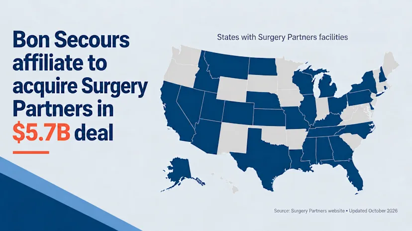 A hero image showing a map of the 30 states where Surgery Partners has facilities.