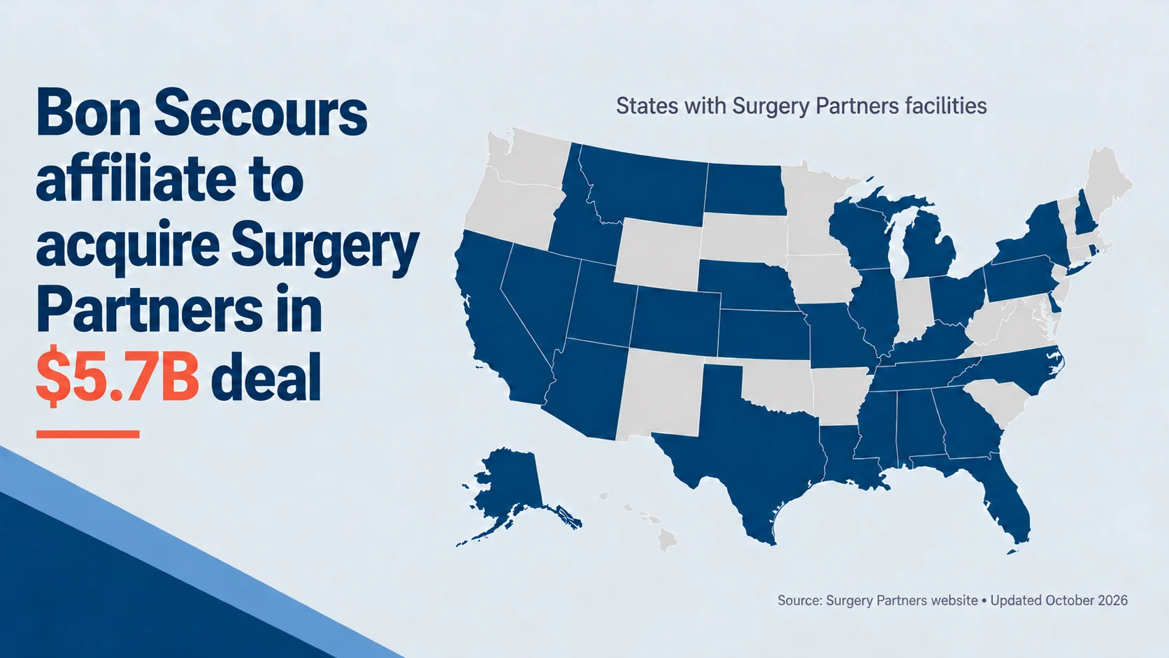 A hero image showing a map of the 30 states where Surgery Partners has facilities.
