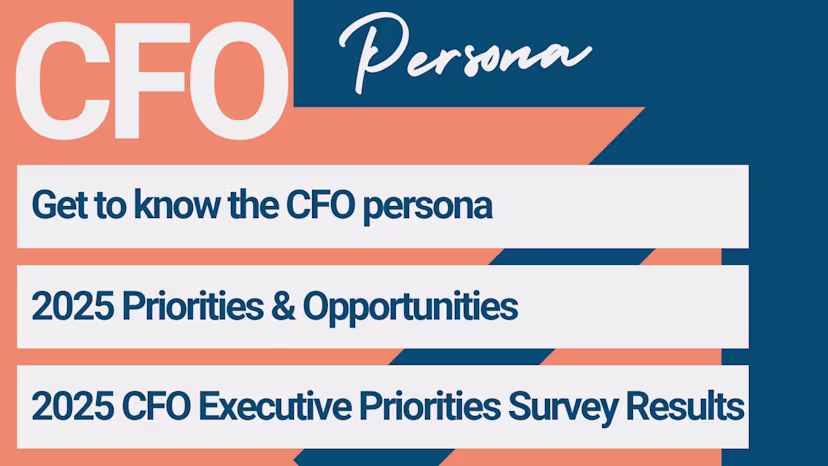 Graphic titled "CFO Persona" with sections highlighting key resources: "Get to know the CFO persona," "2025 Priorities & Opportunities," and "2025 CFO Executive Priorities Survey Results," presented in a navy and peach color scheme.