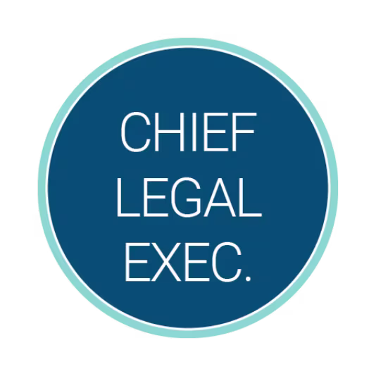 Circular blue logo with a light teal border containing the white title “Chief Legal Exec” centered inside.