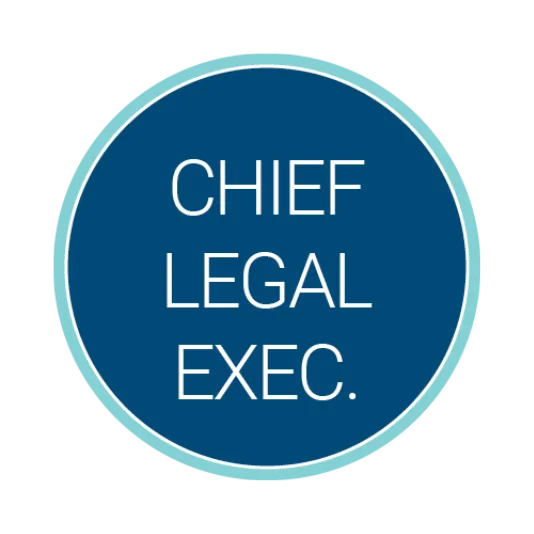 Circular blue logo with a light teal border containing the white title “Chief Legal Exec” centered inside.