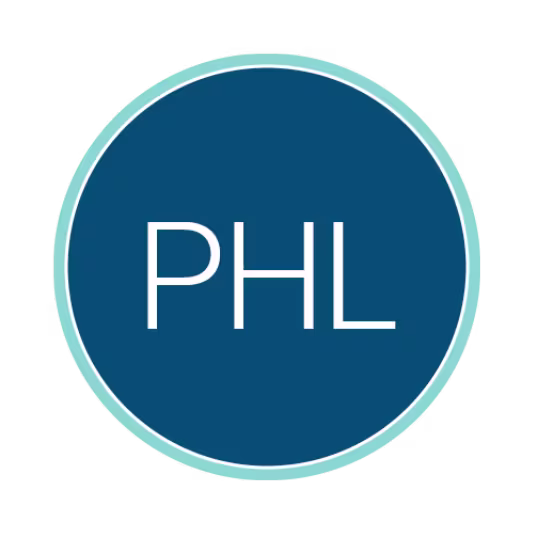 Circular blue logo with a light teal border containing the white acronym “PHL” centered inside.