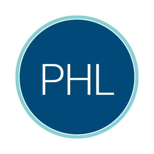 Circular blue logo with a light teal border containing the white acronym “PHL” centered inside.