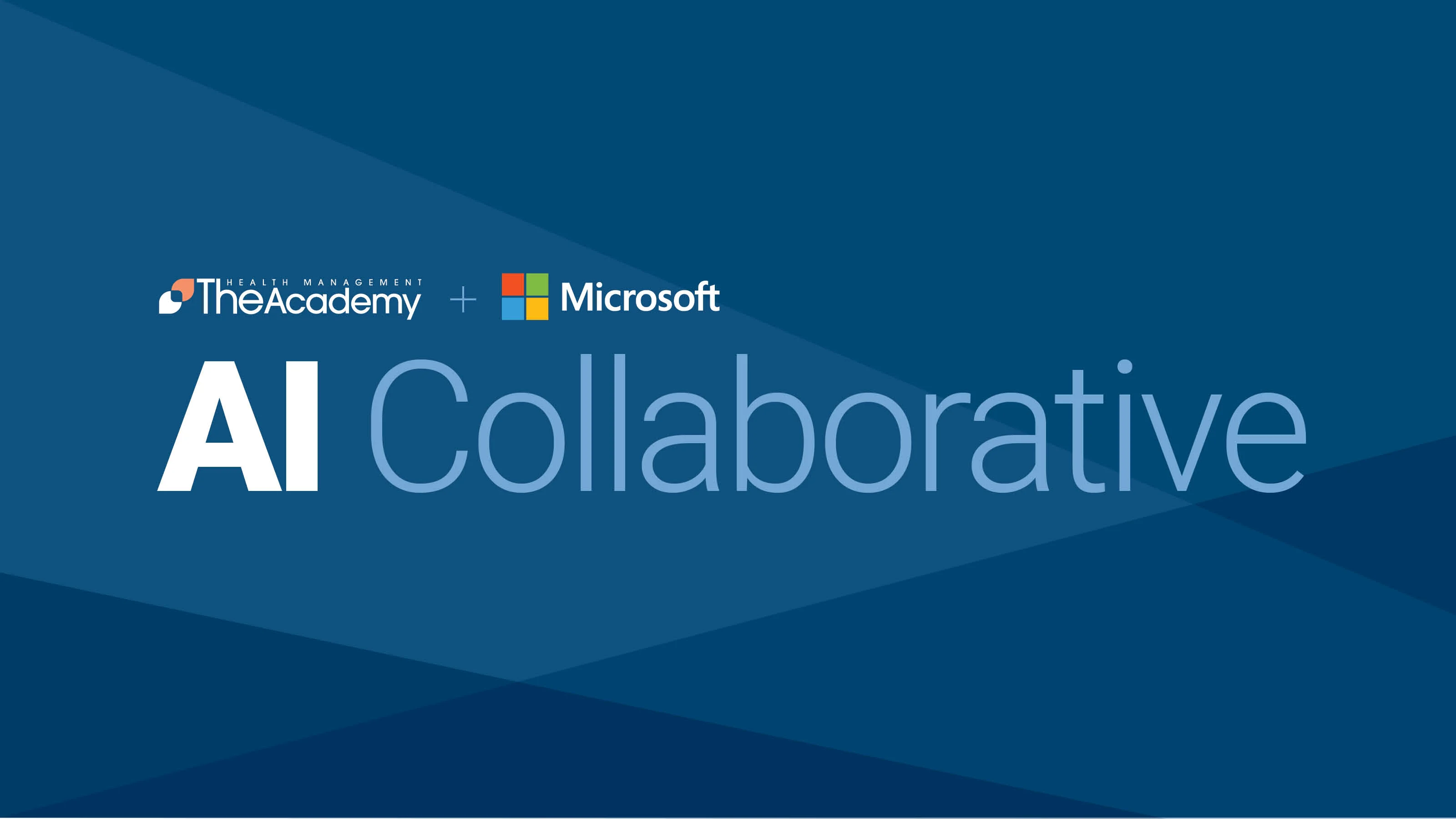AI Collaborative graphic featuring The Health Management Academy and Microsoft logos on a dark blue geometric background.

